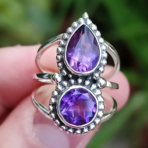 Amethyst <b>Ring</b> Handmade Sterling Silver Bezel Setting Natural Purple Pear & Round Gemstone <b>Boho</b> Jewelry February Birthstone - Product Image 2