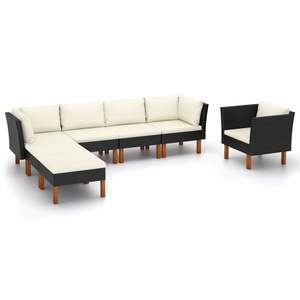Ensemble de salon de jardin en rotin noir avec coussins crème, 6 places, mobilier d'extérieur au design contemporain, pieds en teck - Product Image 1