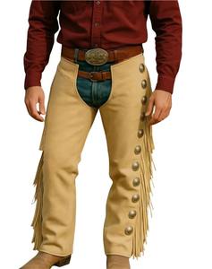 Chaps en cuir véritable pour homme, coupe haute, ajustement régulier, avec franges et fermeture à boutons, pour l'équitation - Product Image 2