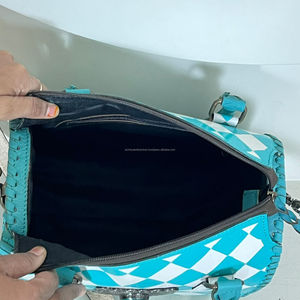 2026 Hand Tooled Cowhide Leather Speedy Bag With Turquoise Concho Checkered Pattern Crossbody Handbags Stylish Travel Duffel Bag - Product Image 6