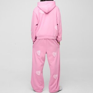 Men's <b>Pink</b> Heart Applique Hooded <b>Tracksuit</b> Set Full Sleeve Zipper Casual Joggers With Side Pockets Loose Fit Adult Spring Wear - Product Image 2
