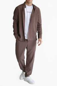 Men <b>Brown</b> Two Piece Tracksuit Set Button Up Collar <b>Jacket</b> and Long Pants Casual Regular Fit - Product Image 1