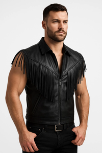 <b>Men's</b> <b>Denim</b> Polyester Breathable Fringe Biker <b>Vest</b> Turn-down Collar Moto Style Outerwear Winter Wear - Product Image 2