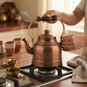 Bouilloire à thé vintage en cuivre artisanale avec couvercle et poignée en laiton, théière vintage pour cuisinière, pot à eau bouillante et à café - Product Image 4