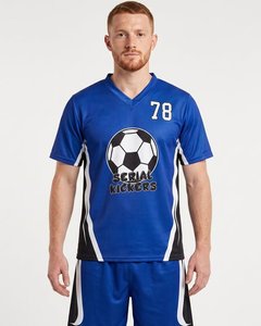 เสื้อฟุตบอลโพลีเอสเตอร์ระบายอากาศได้ดีสำหรับผู้ชาย ปรับแต่งได้ตามต้องการ สีน้ำเงิน แต่งแถบข้างสีขาวและดำ ชุดกีฬาสำหรับมืออาชีพ - Product Image 1