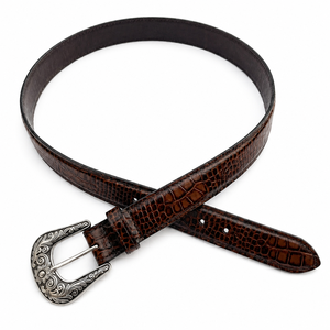 Ceinture en cuir PU pour homme, style western, avec boucle ardillon en alliage, motif crocodile gaufré, marron orné, vintage, style cowboy, accessoires décontractés, vente en gros - Product Image 3