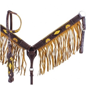 Diadema de piel de vaca 100% hecha a mano de alta calidad, girasoles pintados a mano y Collar para el pecho con flecos - Product Image 1