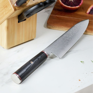 Black Handles Kitchen <b>Knives</b> in Light Brown Wooden Block with Silver Blades Scissors and Honing Rod for <b>Slicing</b> and Food Prep - Product Image 5
