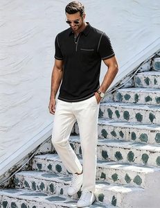 Polo à manches courtes noir pour homme, couleur unie, boutons sur le devant, décontracté, en coton tricoté, avec poche, coupe classique - Product Image 3