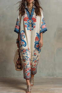Bohemian Floral Print V-Neck <b>Kaftan</b> Maxi Dress for Women Resort Wear Flowy Cotton Blend <b>Beach</b> Cover-Up Casual Wear Gown - Product Image 2