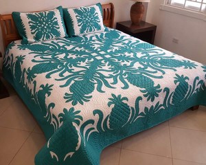 Handmade Designer <b>Light</b> Green Color And White Embroidered Hawaiian Quilts With <b>Pineapple</b> Patterned Work Quilts Set For Decor - Product Image 3