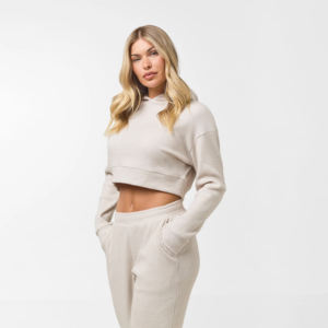 Conjunto de Top Corto Informal con Capucha para Mujer, Sudadera Holgada y Pantalones con Lavado Ácido, Color Marfil, 100% Algodón Felpa - Product Image 2