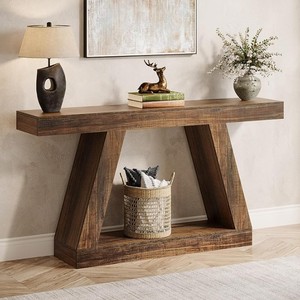 Mesa Consola Rústica de Madera Maciza con Base de Trípode y Estante de Almacenamiento para Entrada o Sala de Estar - Product Image 1