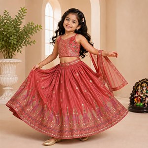 Ensemble Lehenga Choli avec broderies lourdes, robe traditionnelle longue pour mariage et fêtes d'hiver pour filles et enfants - Product Image 3