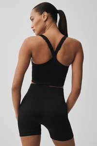 Débardeur court côtelé en maille pour femme, col rond, sans manches, noir uni, style minimaliste - Product Image 4