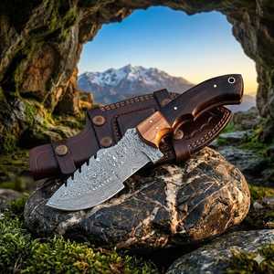 Couteau utilitaire en acier Damas, lame à pointe traînante, manche en bois, étui en cuir de vachette, longueur totale 6,7 pouces, qualité DIY, pointe tranchante, garantie 3 ans - Product Image 5