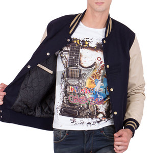 Blouson universitaire en cuir pour homme grande taille avec manches en cuir, col montant, pour usage extérieur, vente en gros - Product Image 2