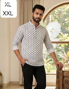 New Arrival Linen Cotton with All-Over Printed Full-Sleeve Band-Collar & Stylish Button Short-<b>Kurta</b> Collection At Wholesale Rate - Product Image 4