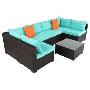 Set da Giardino in Rattan # # # # Cuscini con sfumature marroni # # # # 7 Pezzi # # # # Confezionamento Sottovuoto # # # # Blu Lago - Product Image 3