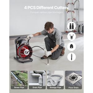 Sonda per la pulizia di scarichi con alimentazione manuale da 50 FT x 1/2 pollice, con 4 frese, attivazione ad aria, interruttore a pedale da 2-6 pollici, macchina per la pulizia di scarichi - Product Image 5