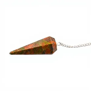 Péndulo de Cristal de Unakita Natural con Cadena Plateada, Péndulo de Radiestesia de Piedra Preciosa Verde Rosa Facetada, Venta al por Mayor - Product Image 4