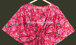 Caftán Floral Vibrante de Algodón, Elegante, Hecho a Mano, Estilo Bohemio, Ropa de Estar por Casa para Mujer, Estampado de Bloques, Inspirado en la Maternidad, Midi, Ecológico - Product Image 4