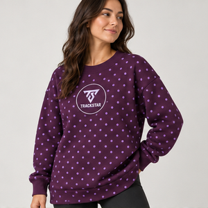 Women's Plum <b>Crewneck</b> Sweatshirt with Lilac Allover Polka Dots Long Sleeve Custom Logo - Product Image 3