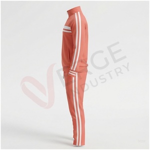 Unisex Coral Tracksuit Set Full Sleeve Stand Collar Zipper Front Striped Design Breathable Sporty Regular Fit Spring Wear - Product Image 3