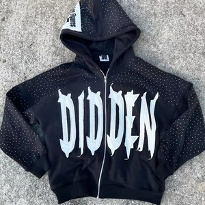 Manufacturer Custom Logo Acid Wash Rhinestone <b>Zip</b> <b>Up</b> <b>Cropped</b> Men's <b>Hoodie</b> Sun Fade Patchwork Embroidered Cotton Fleece - Product Image 3