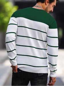 Camisa Casual de Punto para Hombre, a Rayas Verdes y Blancas, Manga Larga, Sin Cuello, Moda Primavera, 100% Algodón, Antiencogimiento, ODM - Product Image 2