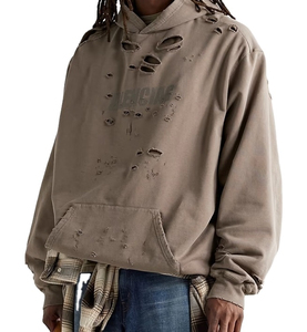 Sudadera con Capucha para Hombre, Personalizada con Logotipo, 100% Algodón, Invierno, Cierre de Cremallera, Hombros Caídos, Mangas Desgastadas, Talla Grande - Product Image 5