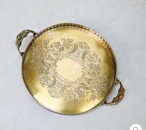 Brass Round <b>Tray</b> With Embossed Floral Design And Handles For Decorative Use - Product Image 3