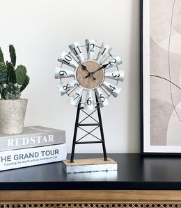 Rustic Windmill <b>Table</b> <b>Clock</b> Farmhouse Metal Wood Desk <b>Clock</b> Silent Quartz Analog Non Ticking Decorative Timepiece - Product Image 3