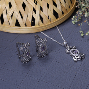 925 <b>Silver</b> Amethyst Jewelry <b>Set</b> for Women Gift Fashionable Gemstone <b>Necklace</b> Ring <b>Earring</b> Wedding Anniversary Jewelry Supply - Product Image 1