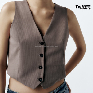 Top corto OEM para mujer, chaleco sin mangas, trajes elegantes de calle, botones, Color básico, algodón orgánico, lona transpirable - Product Image 2