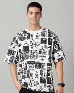 เสื้อยืดคอกลมแขนสั้นทรงหลวมพิมพ์ลายกราฟิกการ์ตูนสีขาวดำสำหรับผู้ชาย - Product Image 1