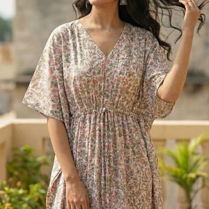 Robe kaftan en coton fleuri pour femmes, col en V, coupe décontractée, tenue de salon d'été - Product Image 1