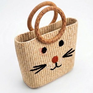 Bolso Tote Tejido con Diseño de Cara de Gato de Dibujos Animados, Asas Redondas de Madera, Color Beige, Estilo Casual para Uso Diario y Viajes - Product Image 2