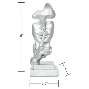 Sculpture en résine abstraite, figurine artistique, décoration de table, design contemporain, 6 pouces, visage argenté avec doigt sur les lèvres - Product Image 1
