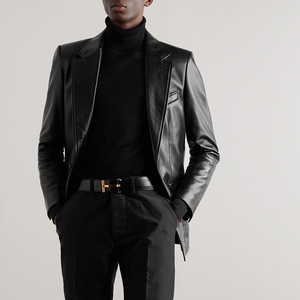 Men Black <b>Leather</b> <b>Blazer</b> Notched Collar Regular Fit Full Length Sleeve Formal Style <b>Jacket</b> - Product Image 1