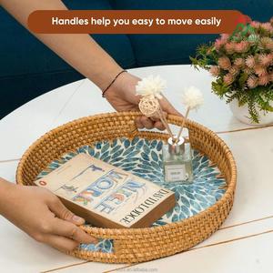 Kitchen & Living Room Applicable Rattan Serving Tray with Mother of Pearl Inlay Wooden Base - Product Image 4