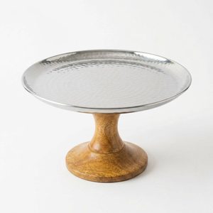 Support à gâteau en forme de rose fait main en acier inoxydable SS304, 28 cm, en acier poli et bois, sûr pour les aliments, piédestal en bois de mangue Vanya, décoration d'intérieur, table de mariage - Product Image 3
