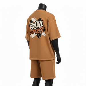 Ensemble t-shirt et short pour homme en jersey de coton de haute qualité, 240 GSM, toucher doux, marron uni, logo imprimé personnalisé - Product Image 5