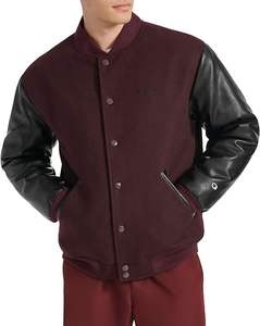 Veste bomber varsity en laine bordeaux avec manches en simili cuir noir, broderie chenille personnalisée - Product Image 3