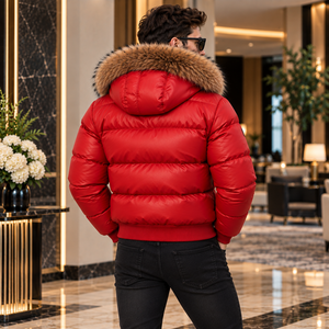 Veste matelassée de luxe décontractée pour homme, hiver, capuche en fourrure |   Veste brillante |   Doudoune Brillante |   vestes en cuir |   Piumino Lucido Uomo - Product Image 4