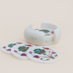 Export Quality 6 Piece White Marbal Coaster <b>Set</b> Stone White & mix <b>colour</b> flowers - Product Image 4
