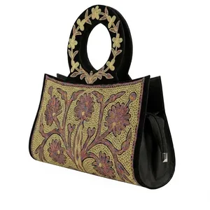 Kashmiri Sozni Embroidery <b>Clutch</b> <b>Bag</b> <b>Black</b> <b>Suede</b> with Gold and Ivory Tilla Work Ring Handle - Product Image 6