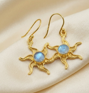 Boucles d'oreilles pendantes soleil en argent sterling 925 pur avec pierre de lune arc-en-ciel, plaquées or jaune et or rose, bijoux bohèmes célestes faits à la main pour elle - Product Image 3