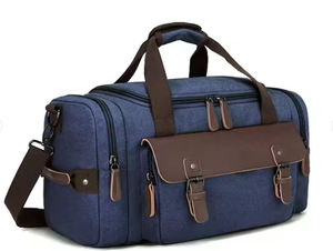 Sac de voyage rétro en toile avec accent en cuir, poche à rabat et plusieurs compartiments, sac de week-end - Product Image 6