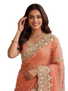 Sari élégant en corail de créateur avec broderies et perles, idéal pour les mariages – Tenue ethnique indienne pour femme - Product Image 5